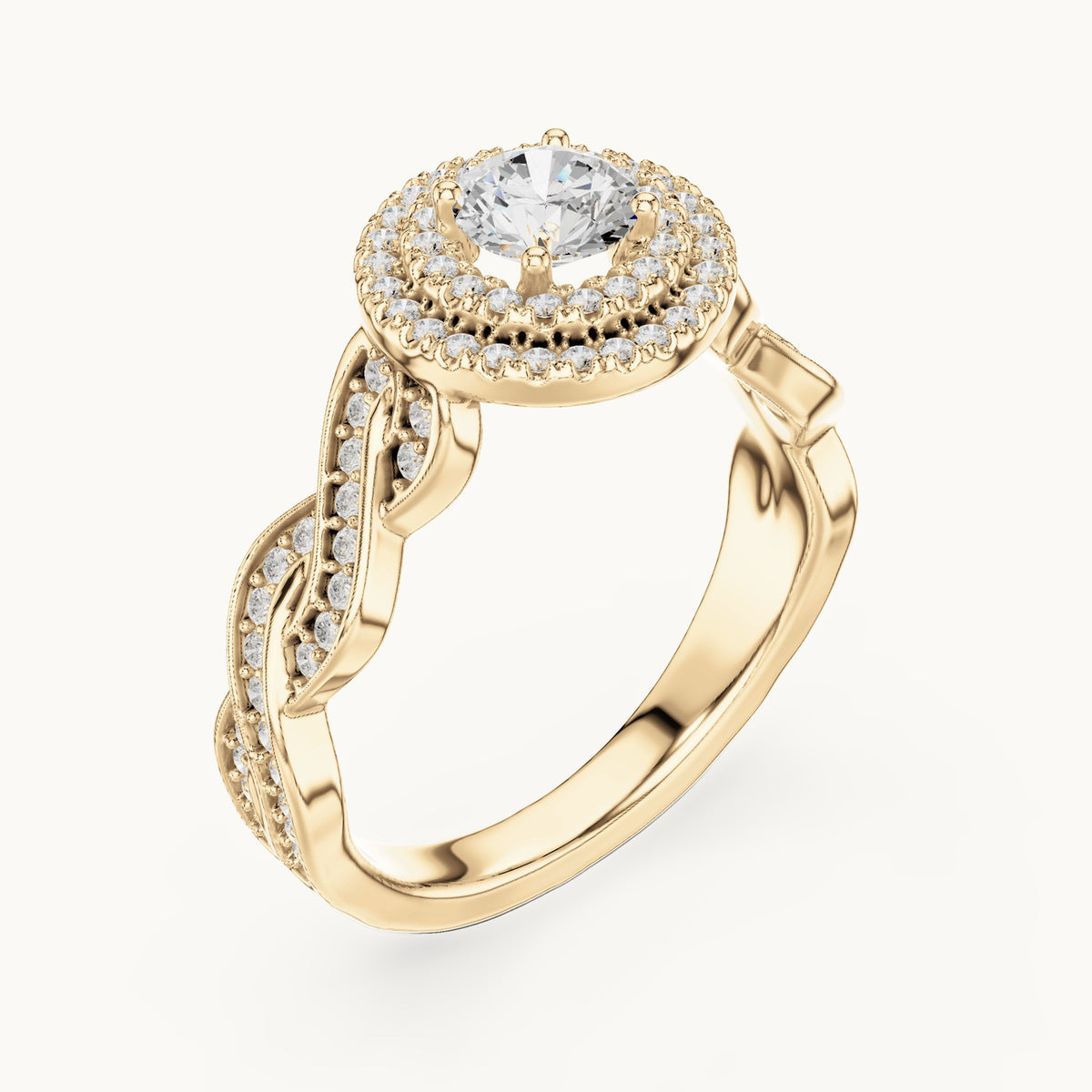 Round lab-grown diamond infinity twist halo engagement ring in yellow gold, 1.006 CT TW, view 2