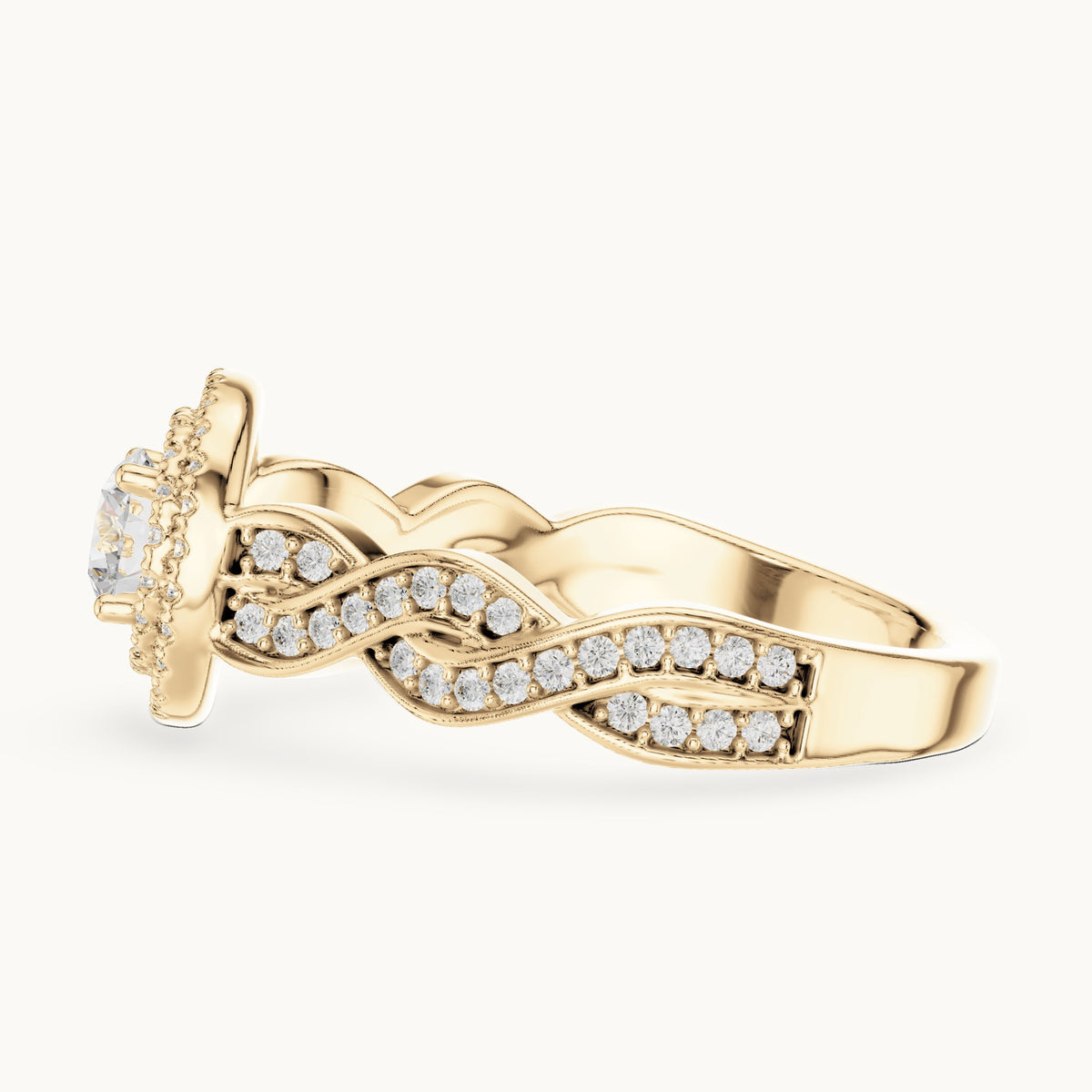 Round lab-grown diamond infinity twist halo engagement ring in yellow gold, 1.006 CT TW, view 3
