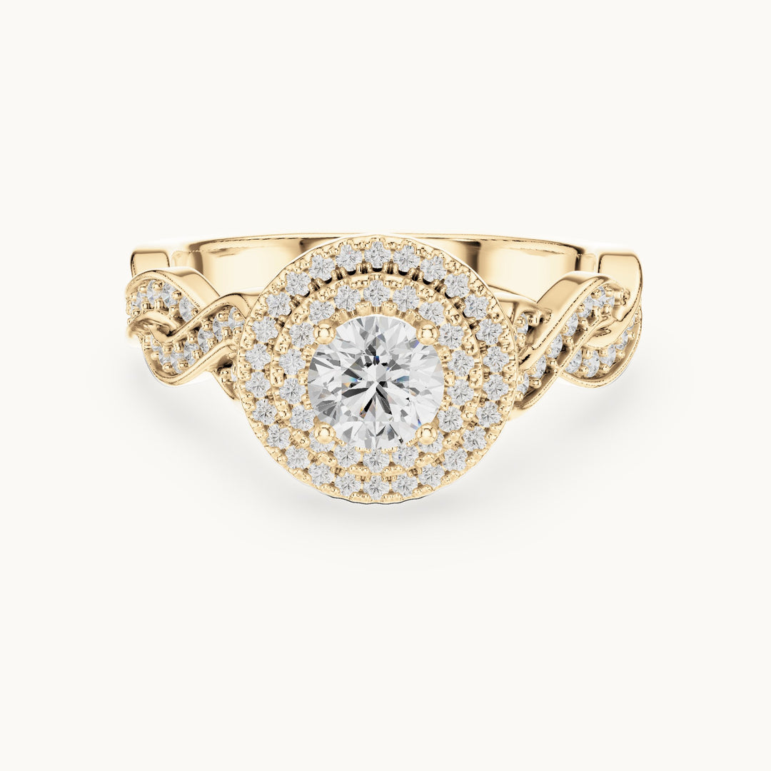 Round lab-grown diamond infinity twist halo engagement ring in yellow gold, 1.006 CT TW, view 4
