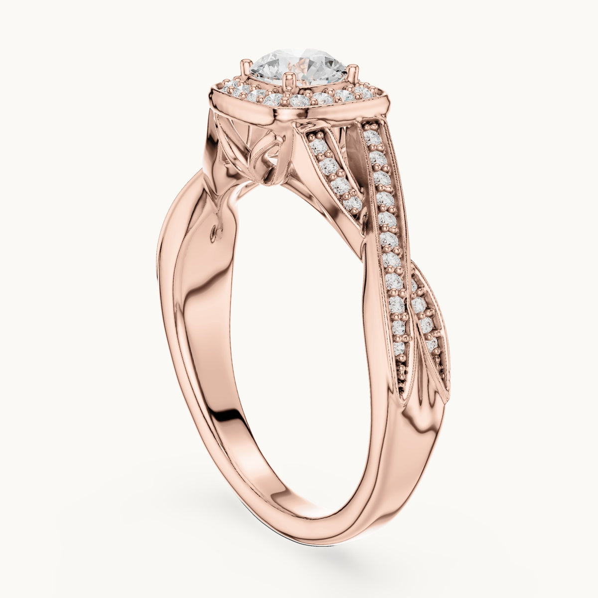 Round lab-grown diamond twisted cushion halo engagement ring in rose gold, 0.782 CT TW, view 1