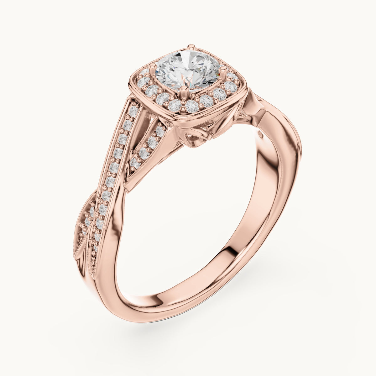 Round lab-grown diamond twisted cushion halo engagement ring in rose gold, 0.782 CT TW, view 2