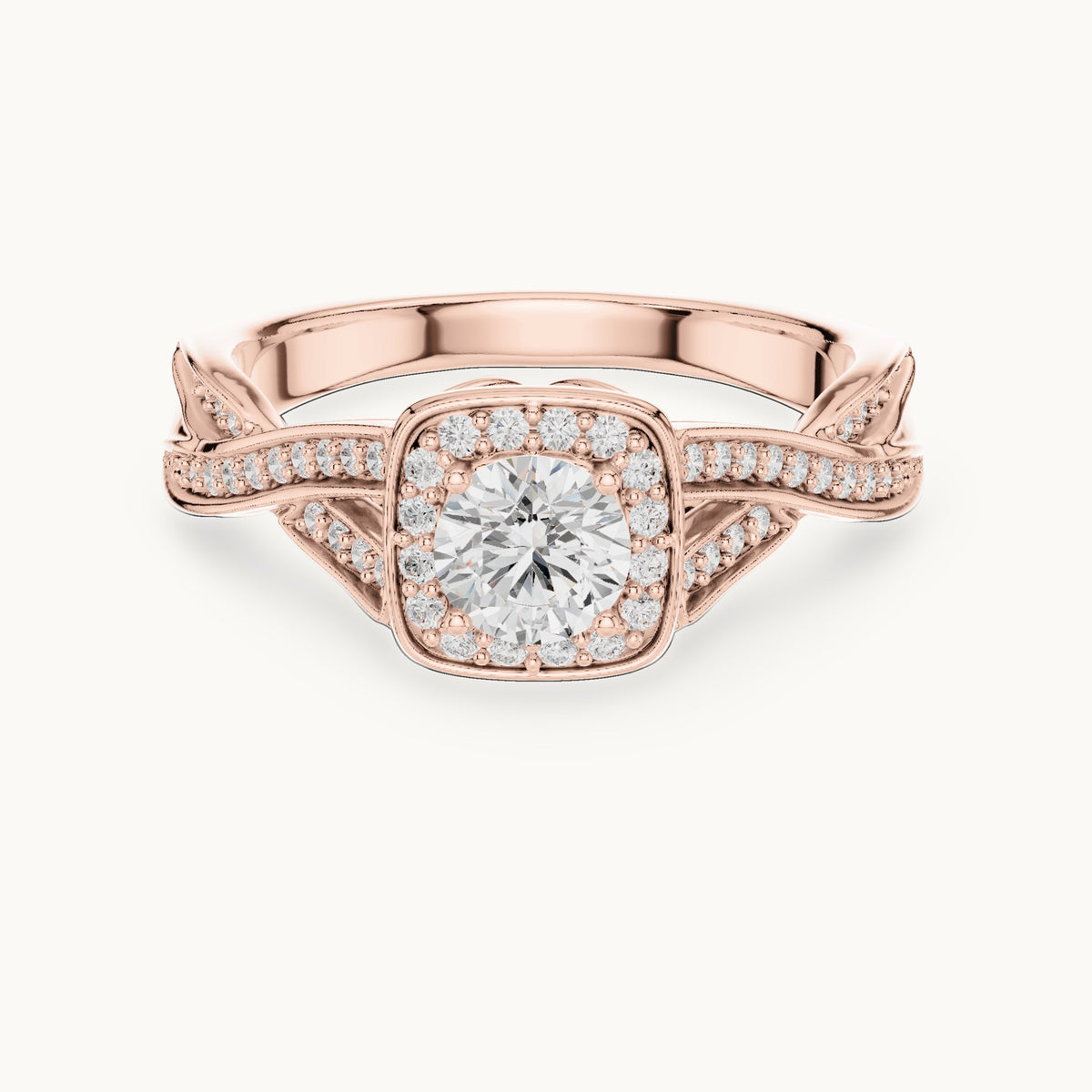 Round lab-grown diamond twisted cushion halo engagement ring in rose gold, 0.782 CT TW, view 4