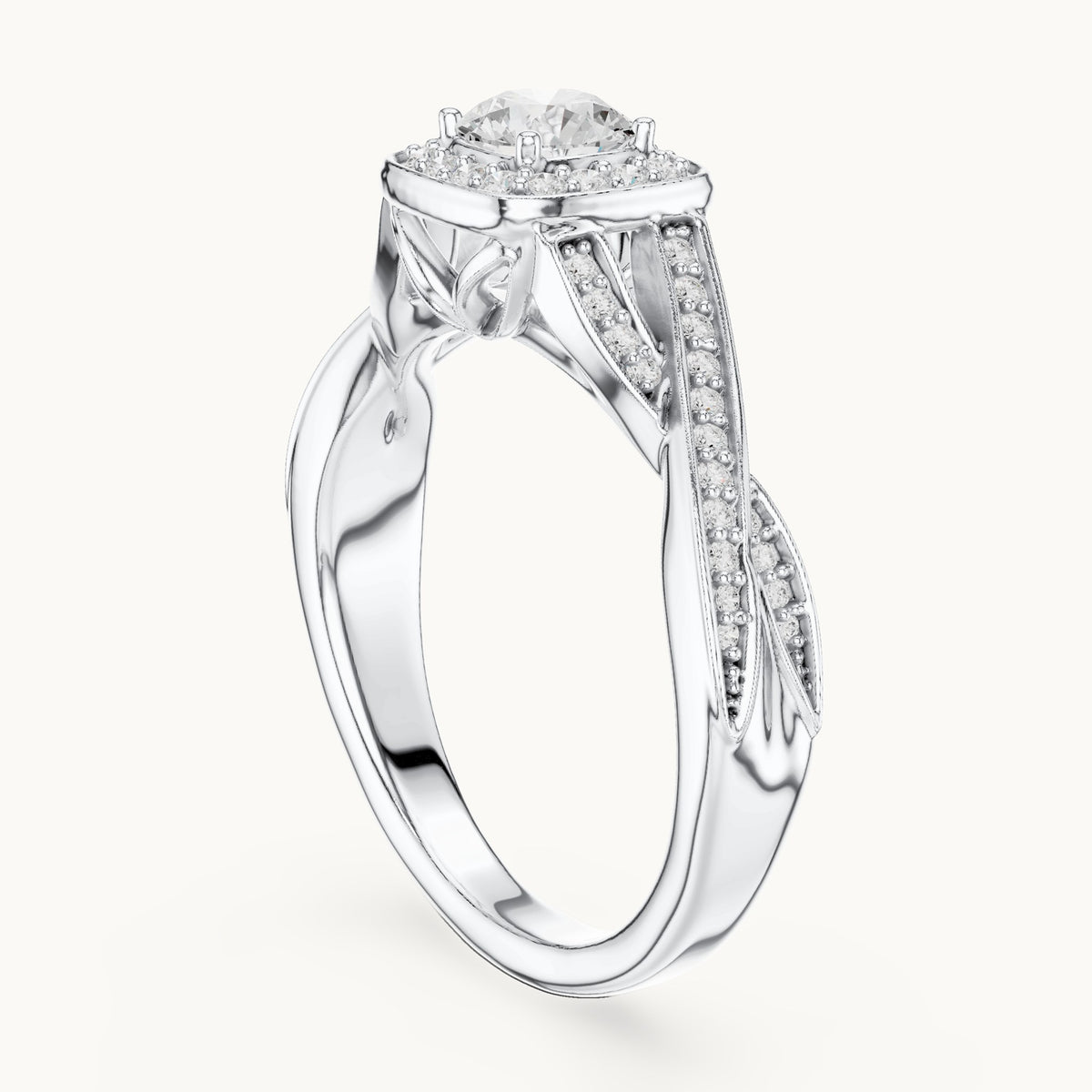 Round lab-grown diamond twisted cushion halo engagement ring in white gold, 0.782 CT TW, view 1