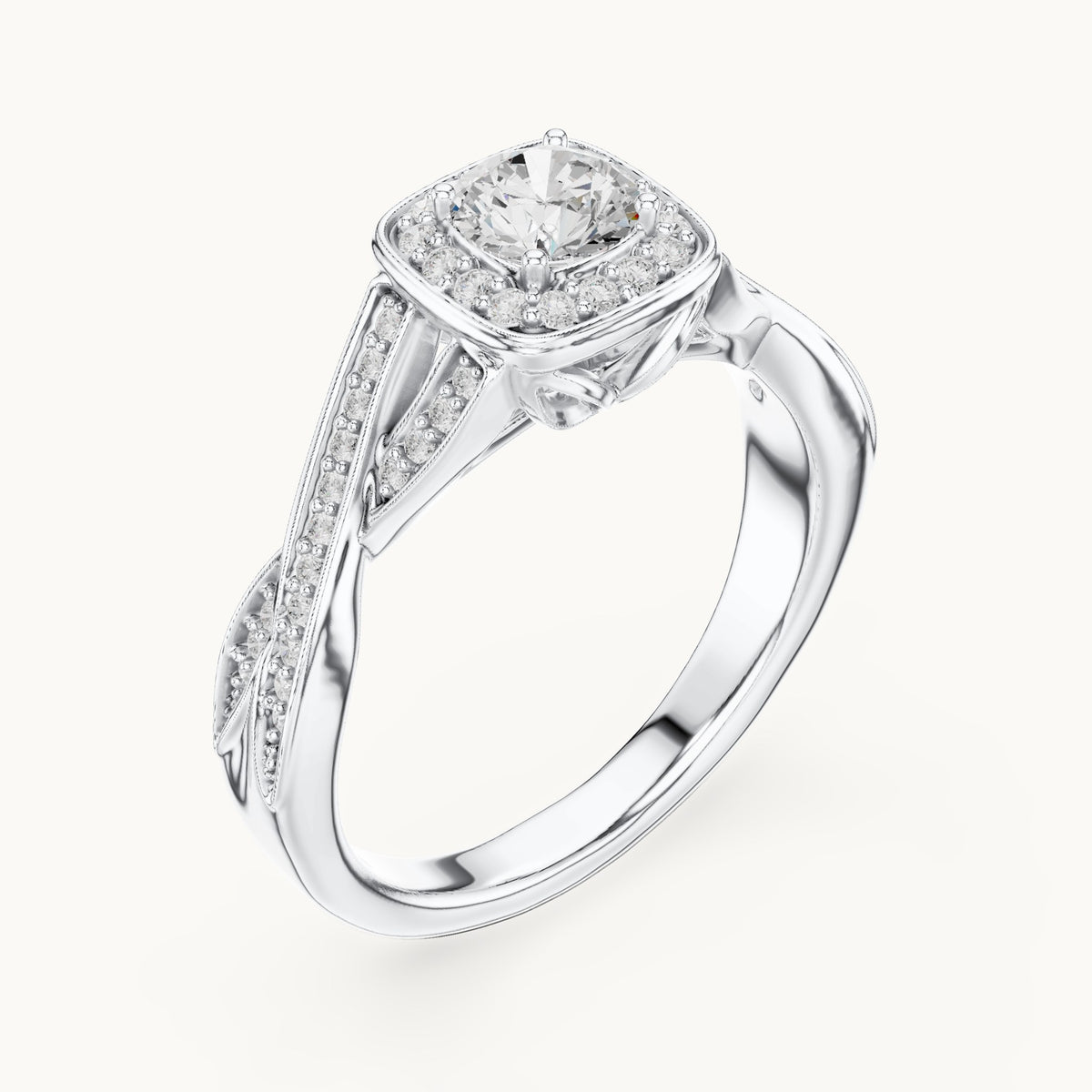 Round lab-grown diamond twisted cushion halo engagement ring in white gold, 0.782 CT TW, view 2