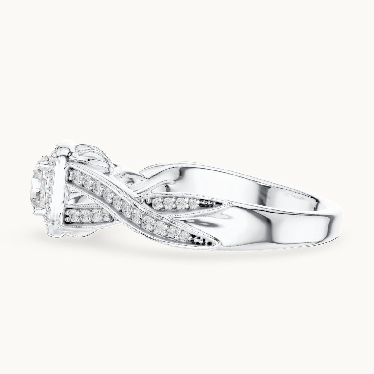 Round lab-grown diamond twisted cushion halo engagement ring in white gold, 0.782 CT TW, view 3