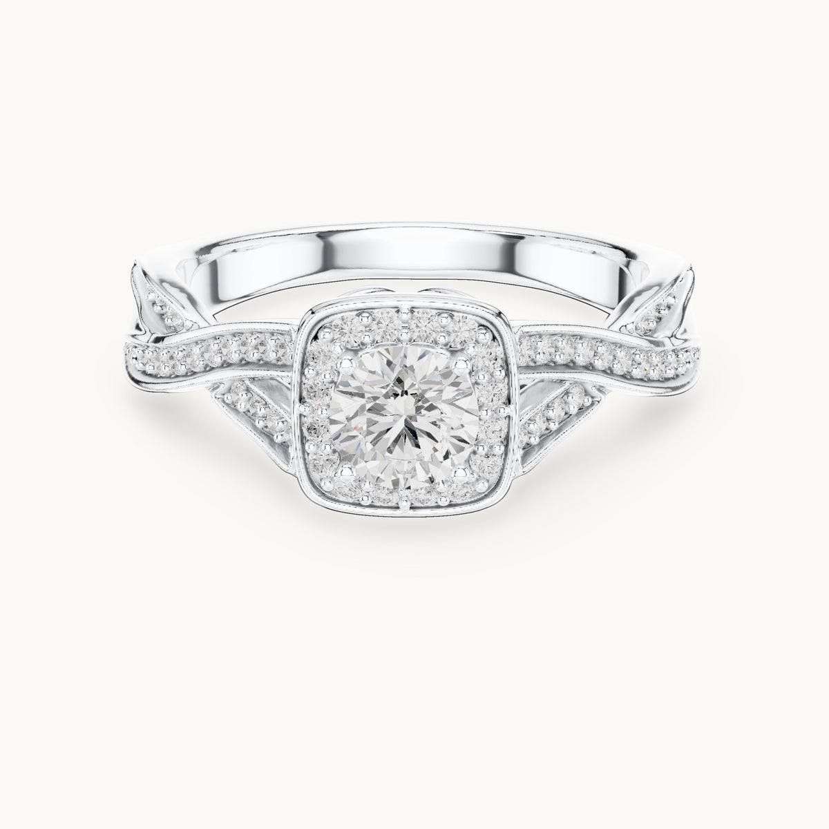 Round lab-grown diamond twisted cushion halo engagement ring in white gold, 0.782 CT TW, view 4