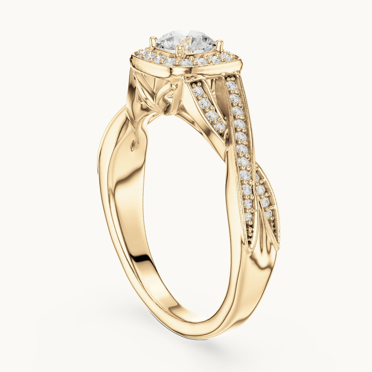Round lab-grown diamond twisted cushion halo engagement ring in yellow gold, 0.782 CT TW, view 1