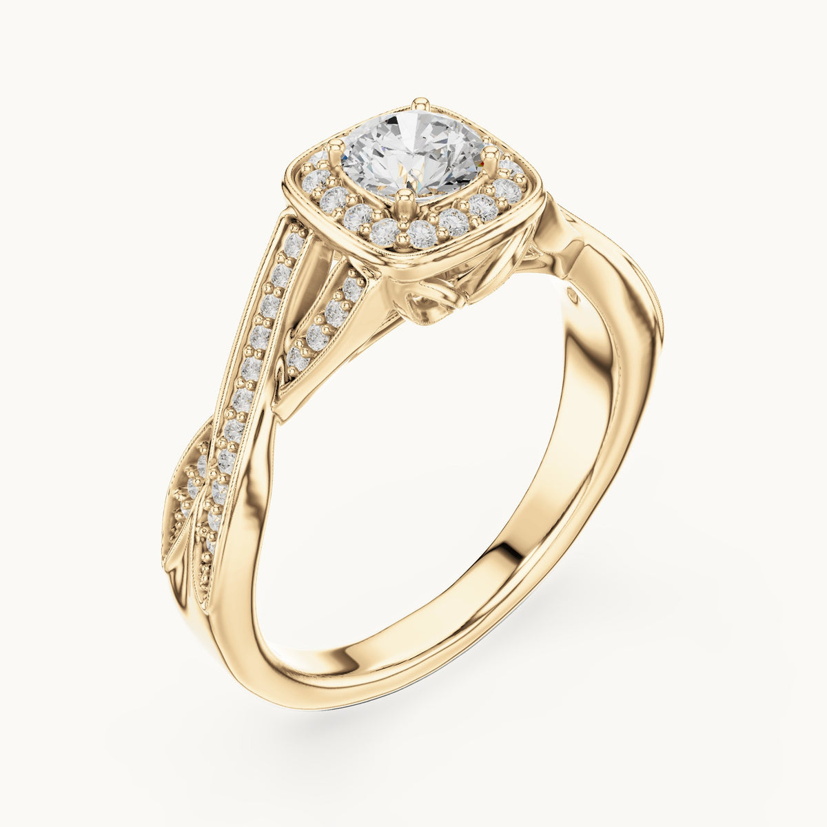 Round lab-grown diamond twisted cushion halo engagement ring in yellow gold, 0.782 CT TW, view 2