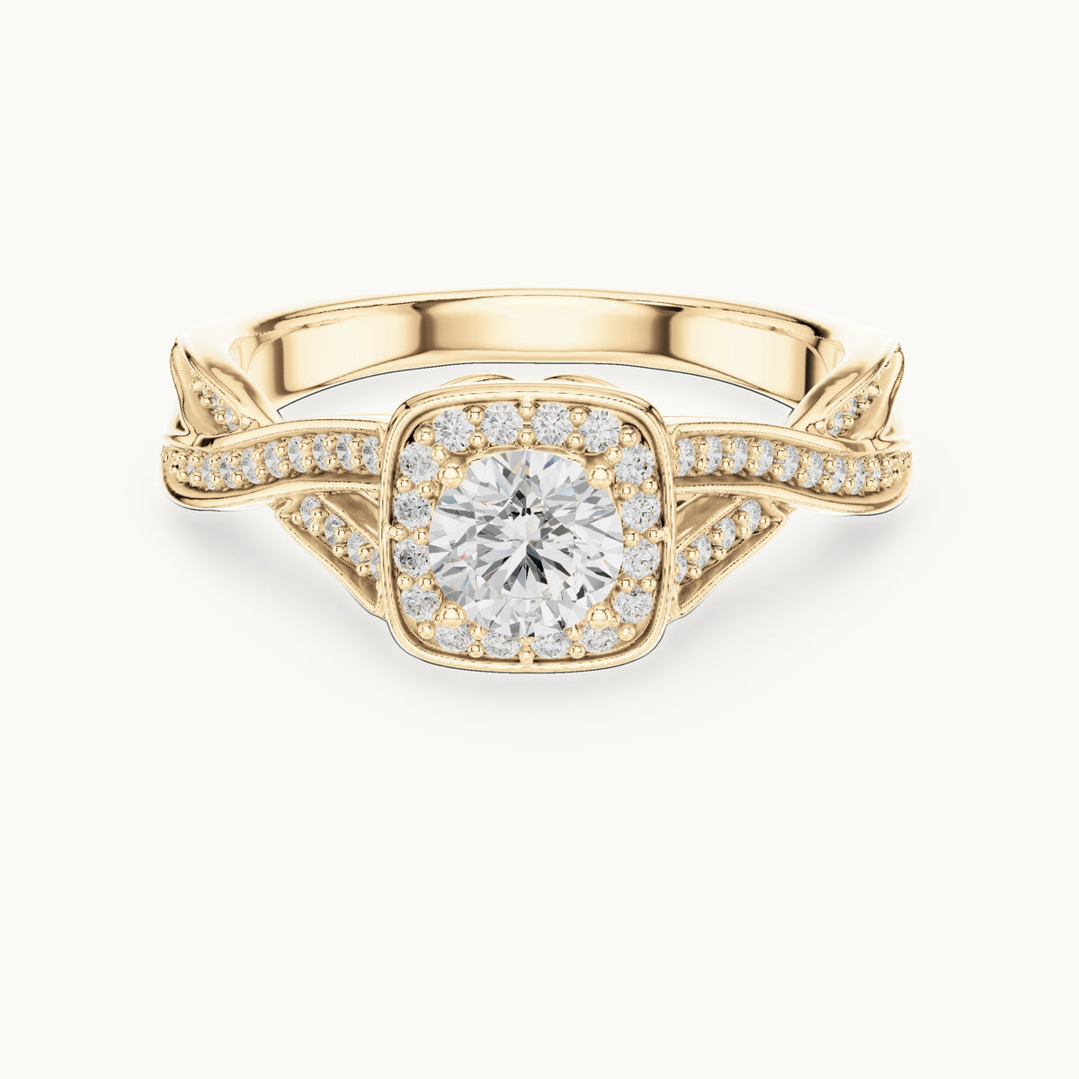 Round lab-grown diamond twisted cushion halo engagement ring in yellow gold, 0.782 CT TW, view 4