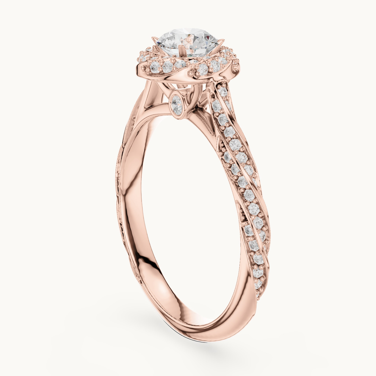 Round lab-grown diamond twisted halo engagement ring in 14K rose gold, 1.15 CT TW, view 1