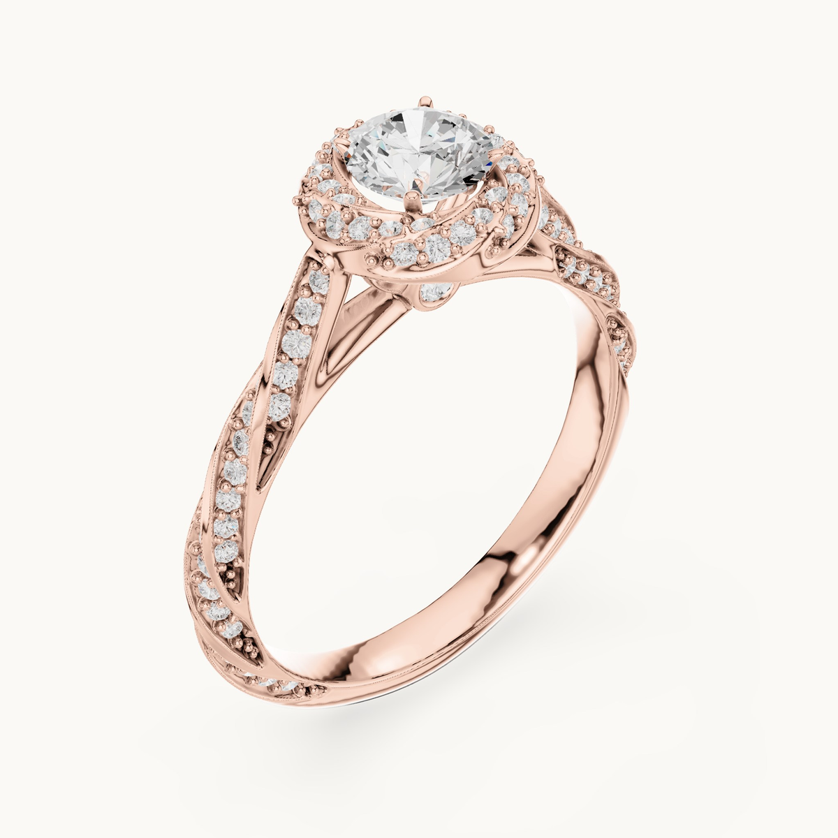 Round lab-grown diamond twisted halo engagement ring in 14K rose gold, 1.15 CT TW, view 2