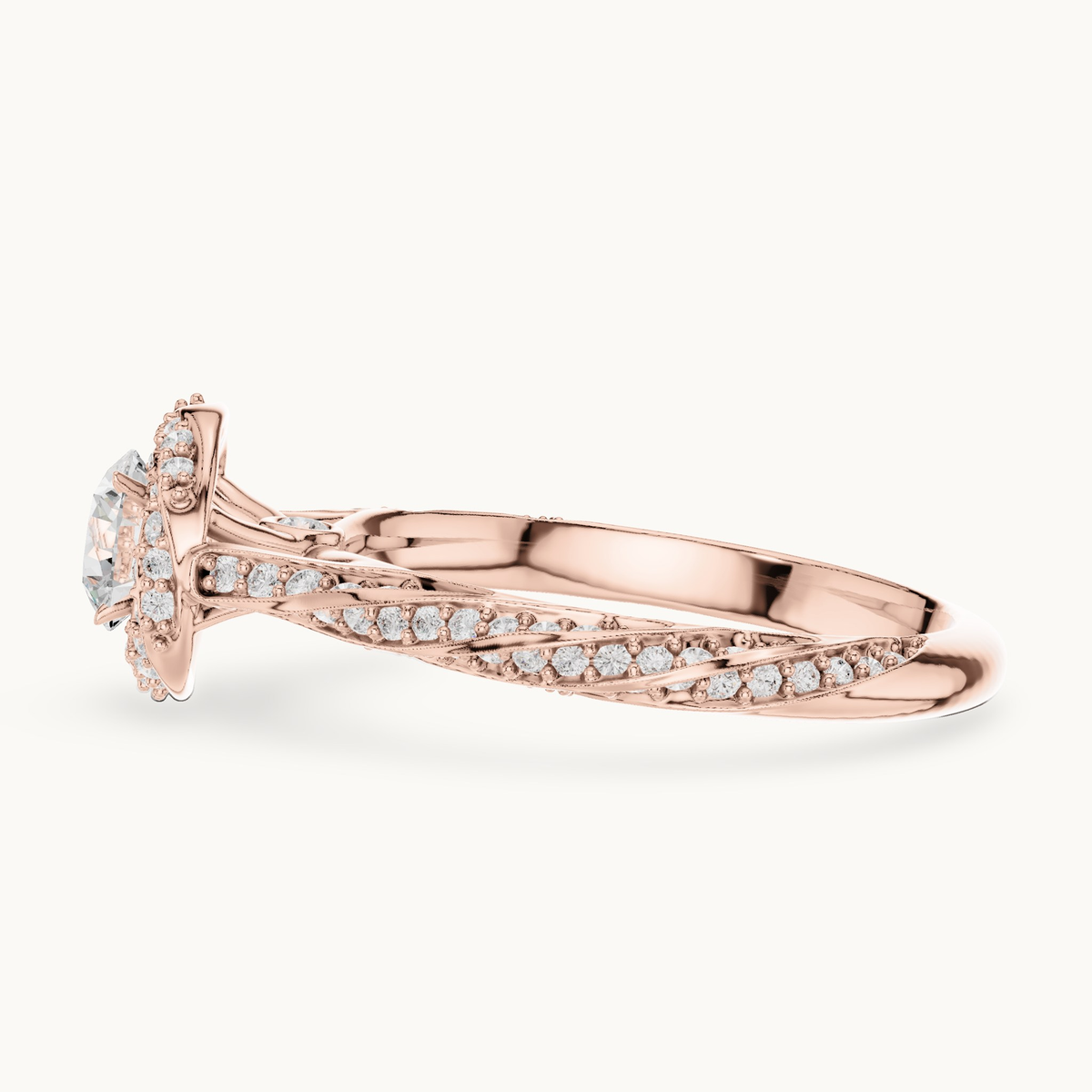 Round lab-grown diamond twisted halo engagement ring in 14K rose gold, 1.15 CT TW, view 3