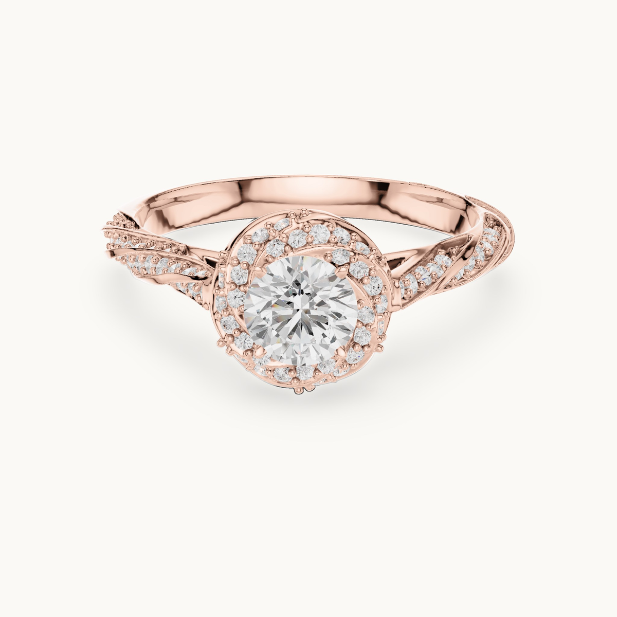 Round lab-grown diamond twisted halo engagement ring in 14K rose gold, 1.15 CT TW, view 4