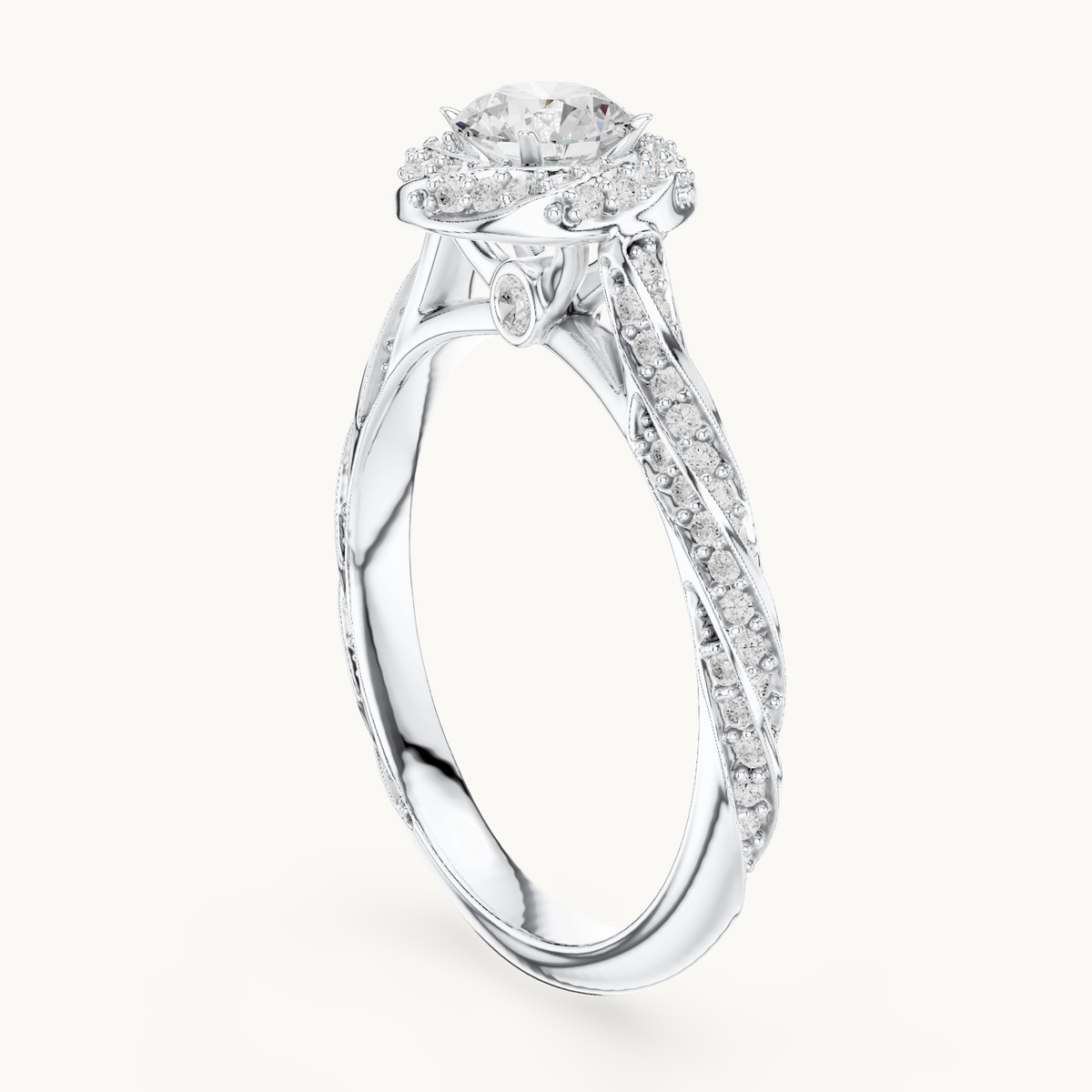 Round lab-grown diamond twisted halo engagement ring in 14K white gold, 1.15 CT TW, view 1