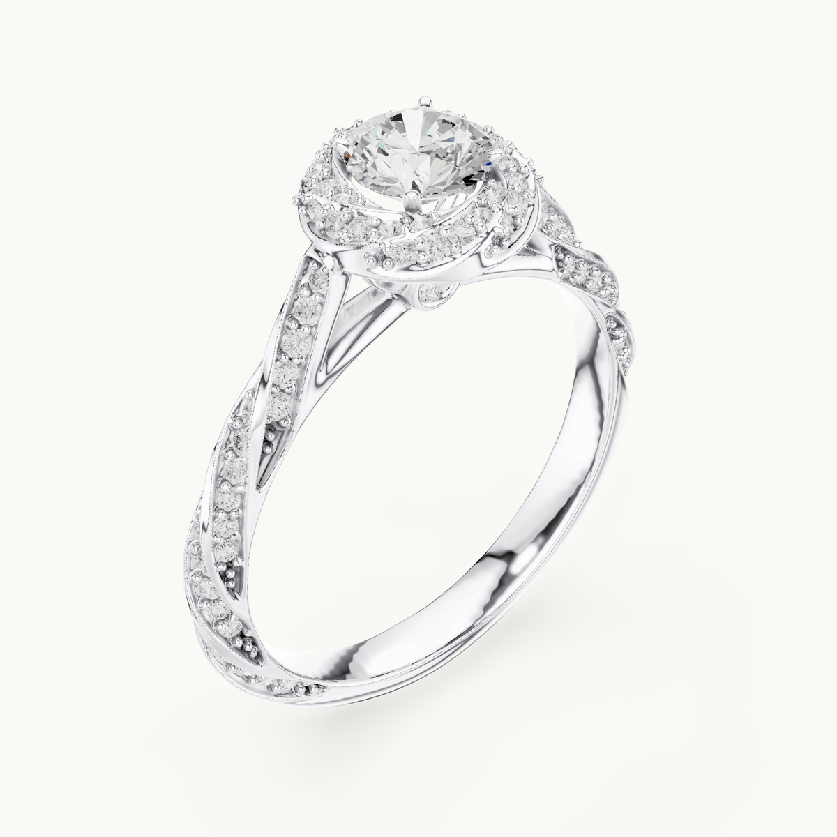 Round lab-grown diamond twisted halo engagement ring in 14K white gold, 1.15 CT TW, view 2