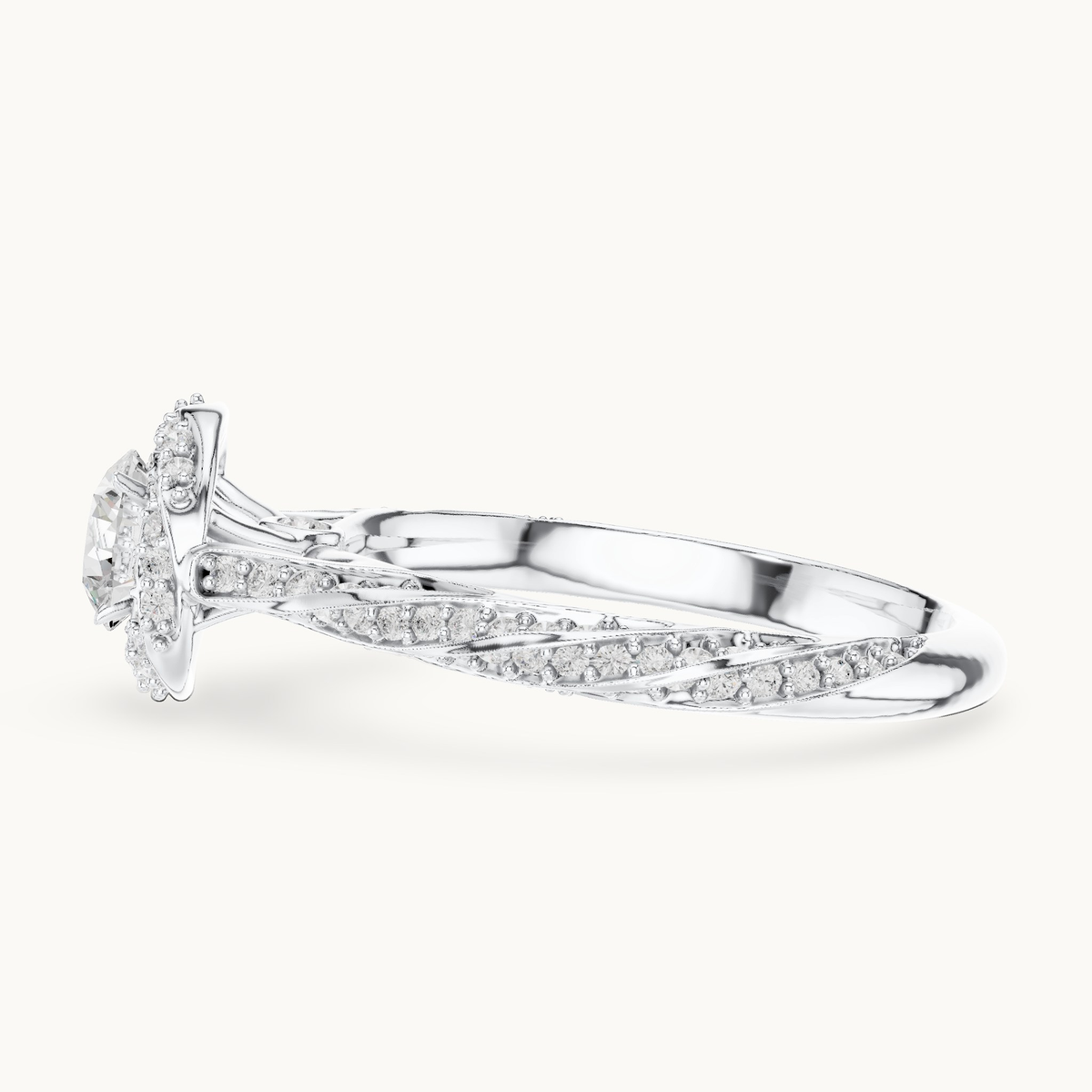 Round lab-grown diamond twisted halo engagement ring in 14K white gold, 1.15 CT TW, view 3
