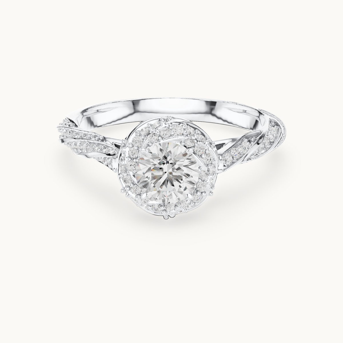 Round lab-grown diamond twisted halo engagement ring in 14K white gold, 1.15 CT TW, view 4