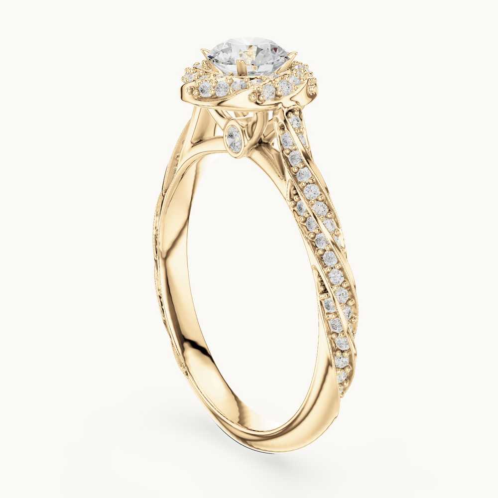 Round lab-grown diamond twisted halo engagement ring in 14K yellow gold, 1.15 CT TW, view 1