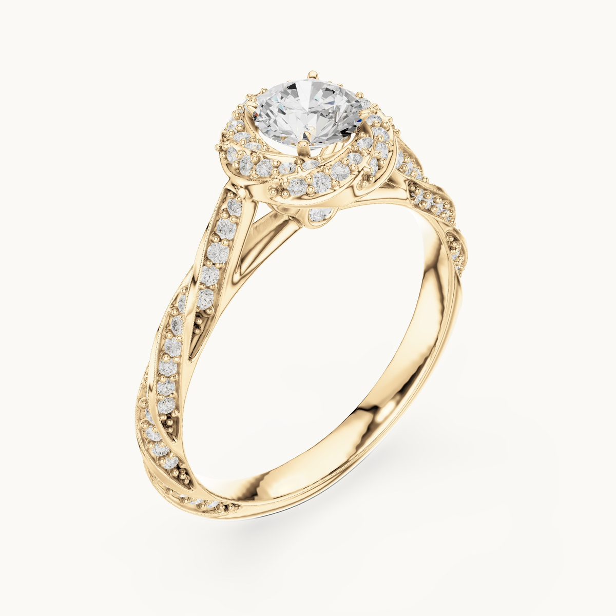 Round lab-grown diamond twisted halo engagement ring in 14K yellow gold, 1.15 CT TW, view 2