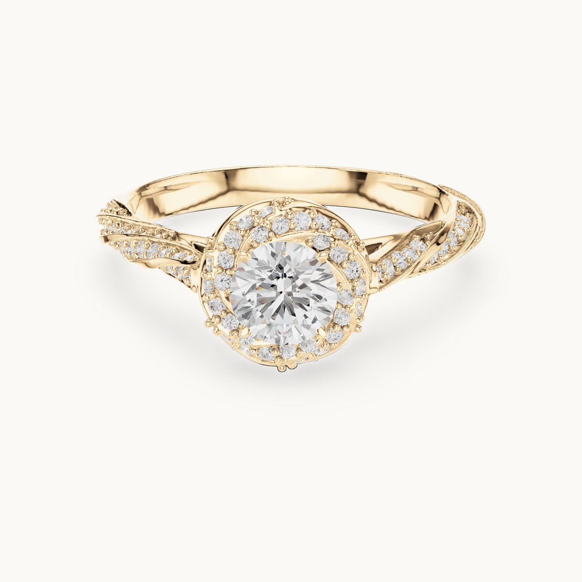 Round lab-grown diamond twisted halo engagement ring in 14K yellow gold, 1.15 CT TW, view 4