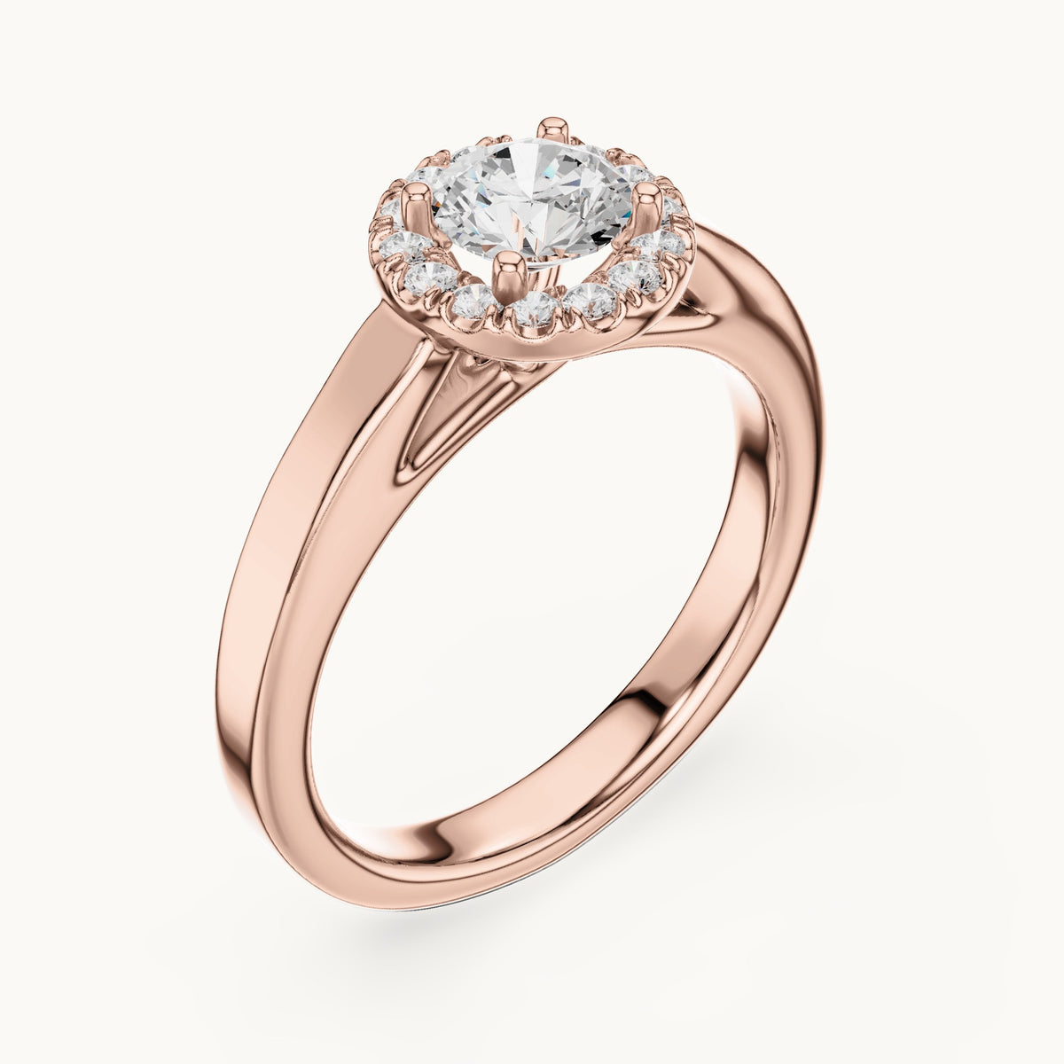 Round lab-grown diamond halo engagement ring in rose gold, 0.818 CT TW, view 2