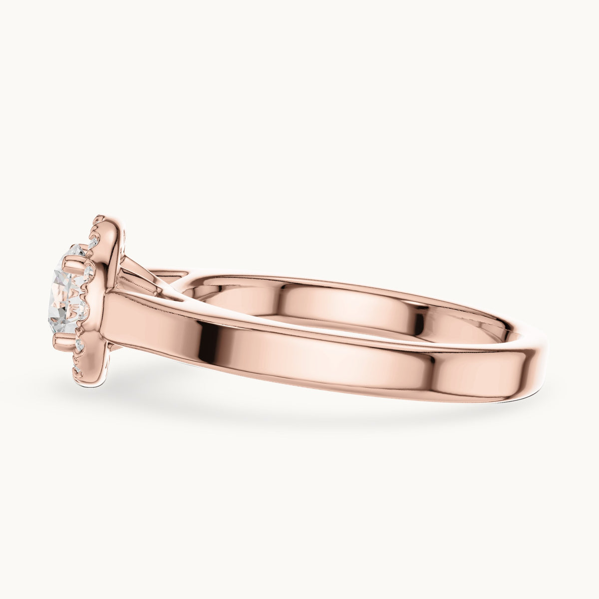 Round lab-grown diamond halo engagement ring in rose gold, 0.818 CT TW, view 3