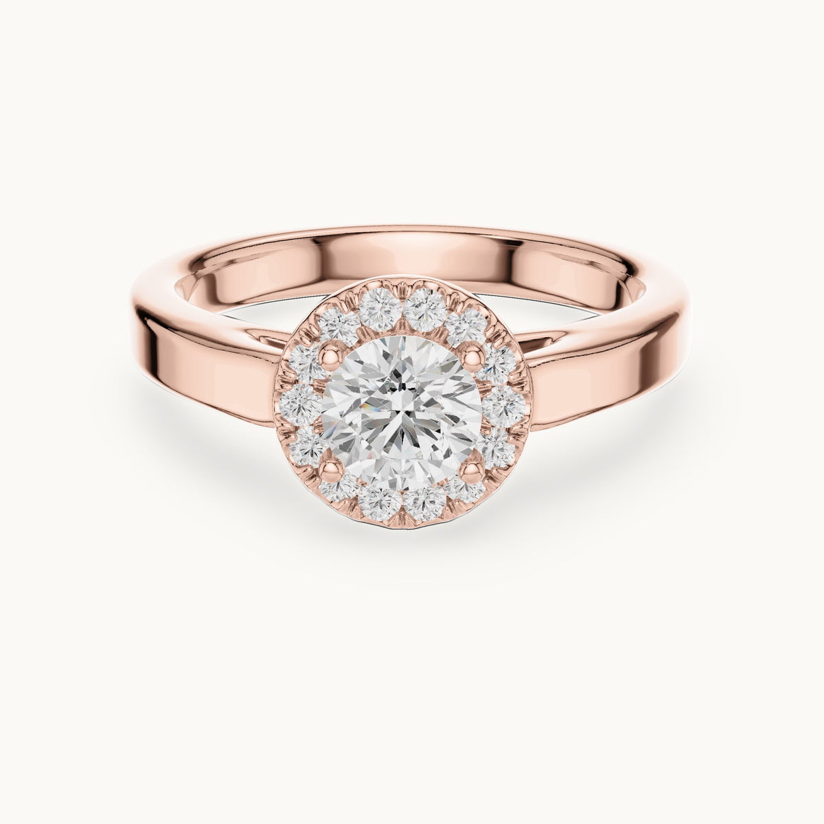 Round lab-grown diamond halo engagement ring in rose gold, 0.818 CT TW, view 4