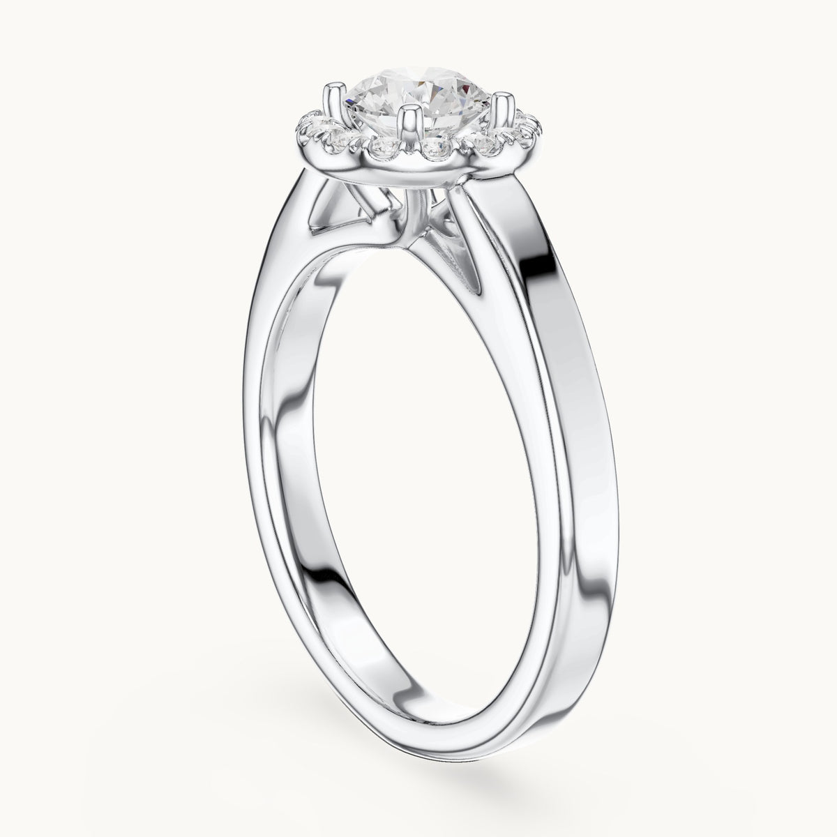 Round lab-grown diamond halo engagement ring in white gold, 0.818 CT TW, view 1