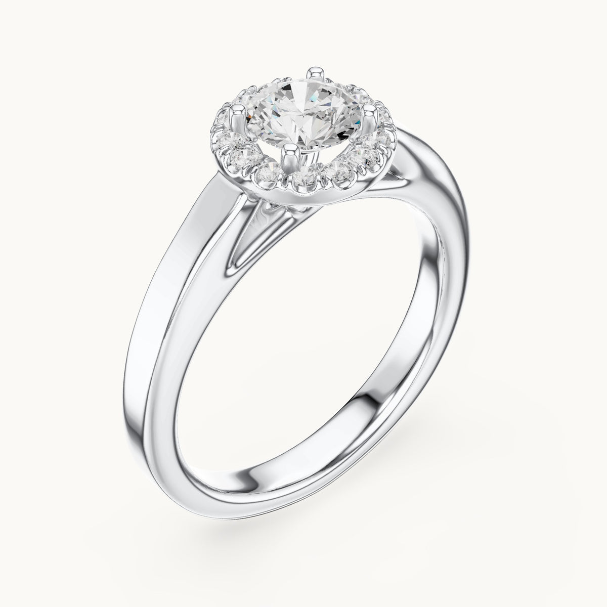 Round lab-grown diamond halo engagement ring in white gold, 0.818 CT TW, view 2