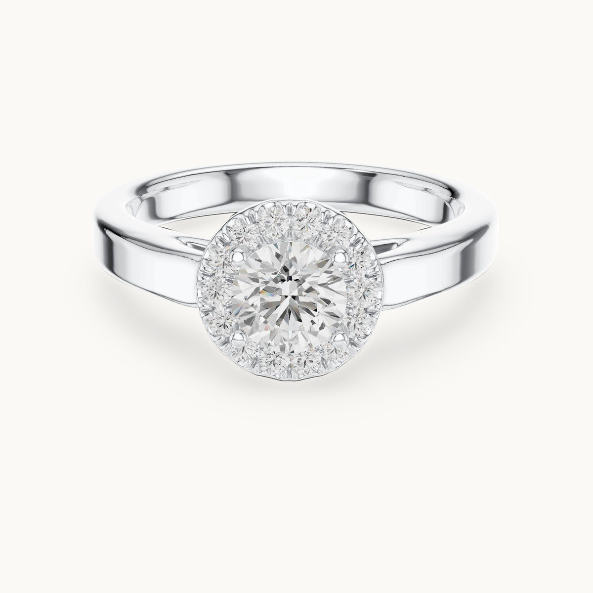 Round lab-grown diamond halo engagement ring in white gold, 0.818 CT TW, view 4