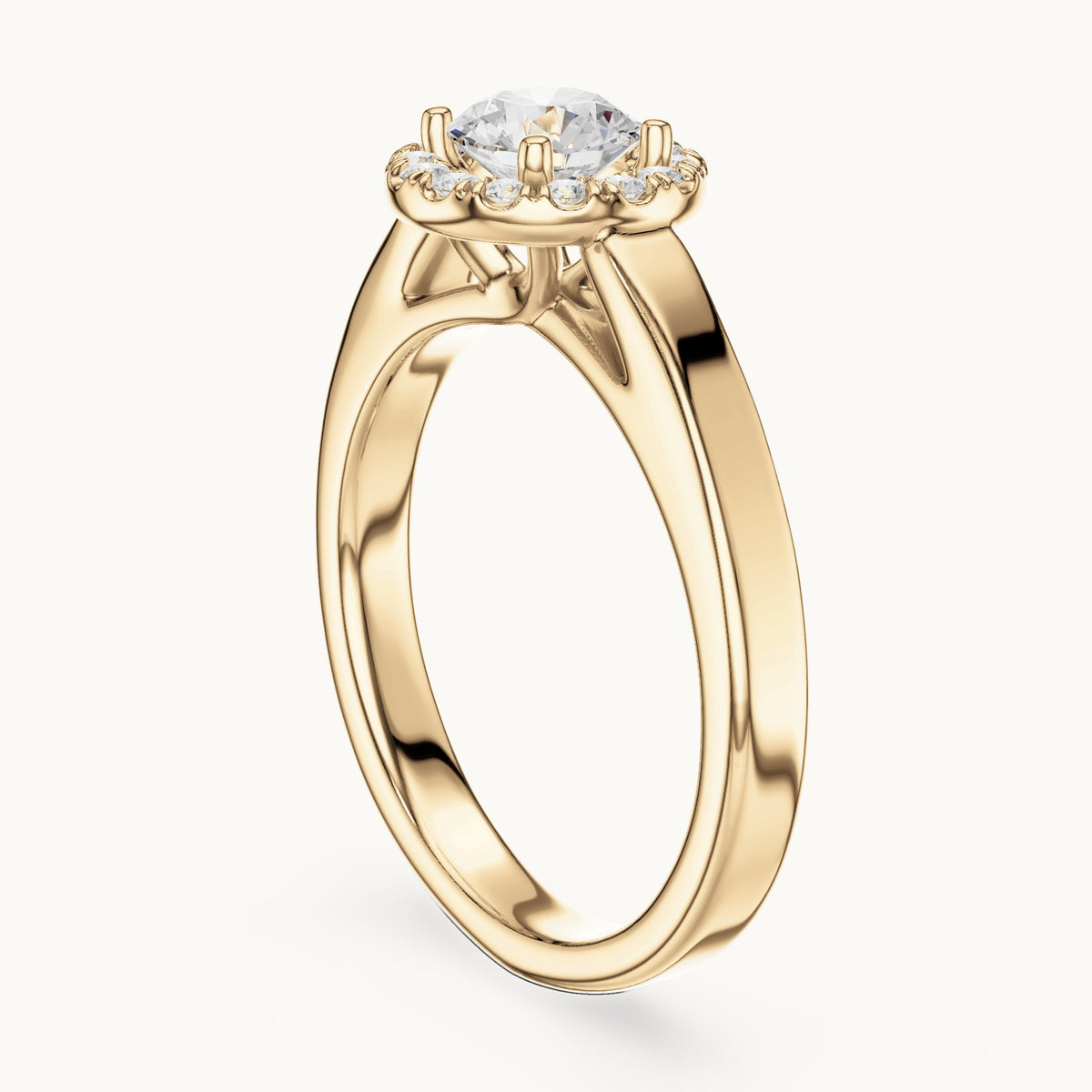 Round lab-grown diamond halo engagement ring in yellow gold, 0.818 CT TW, view 1