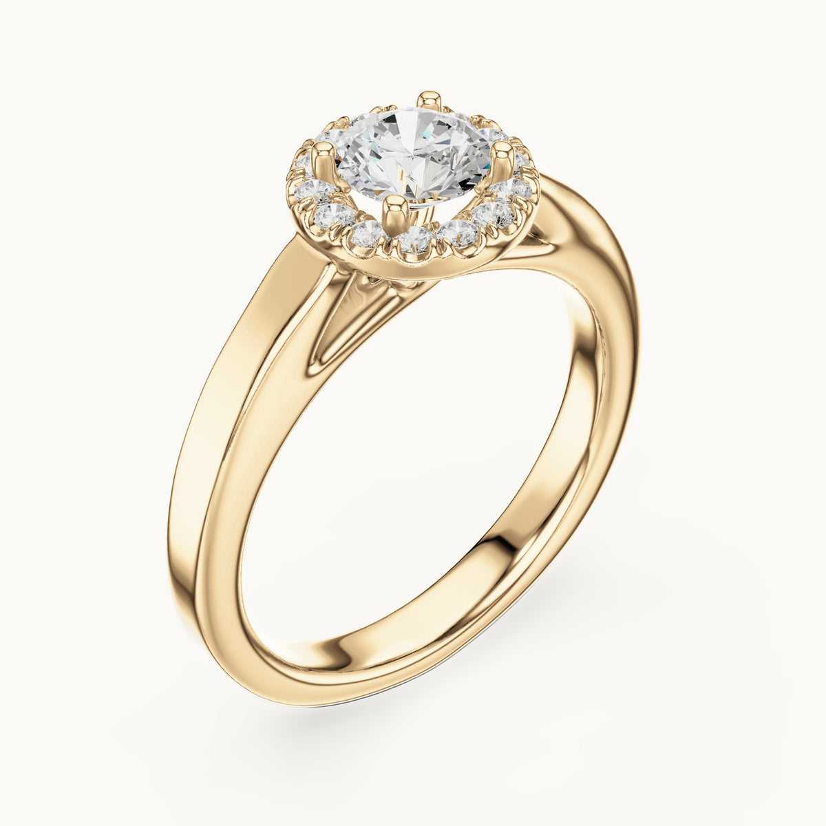 Round lab-grown diamond halo engagement ring in yellow gold, 0.818 CT TW, view 2