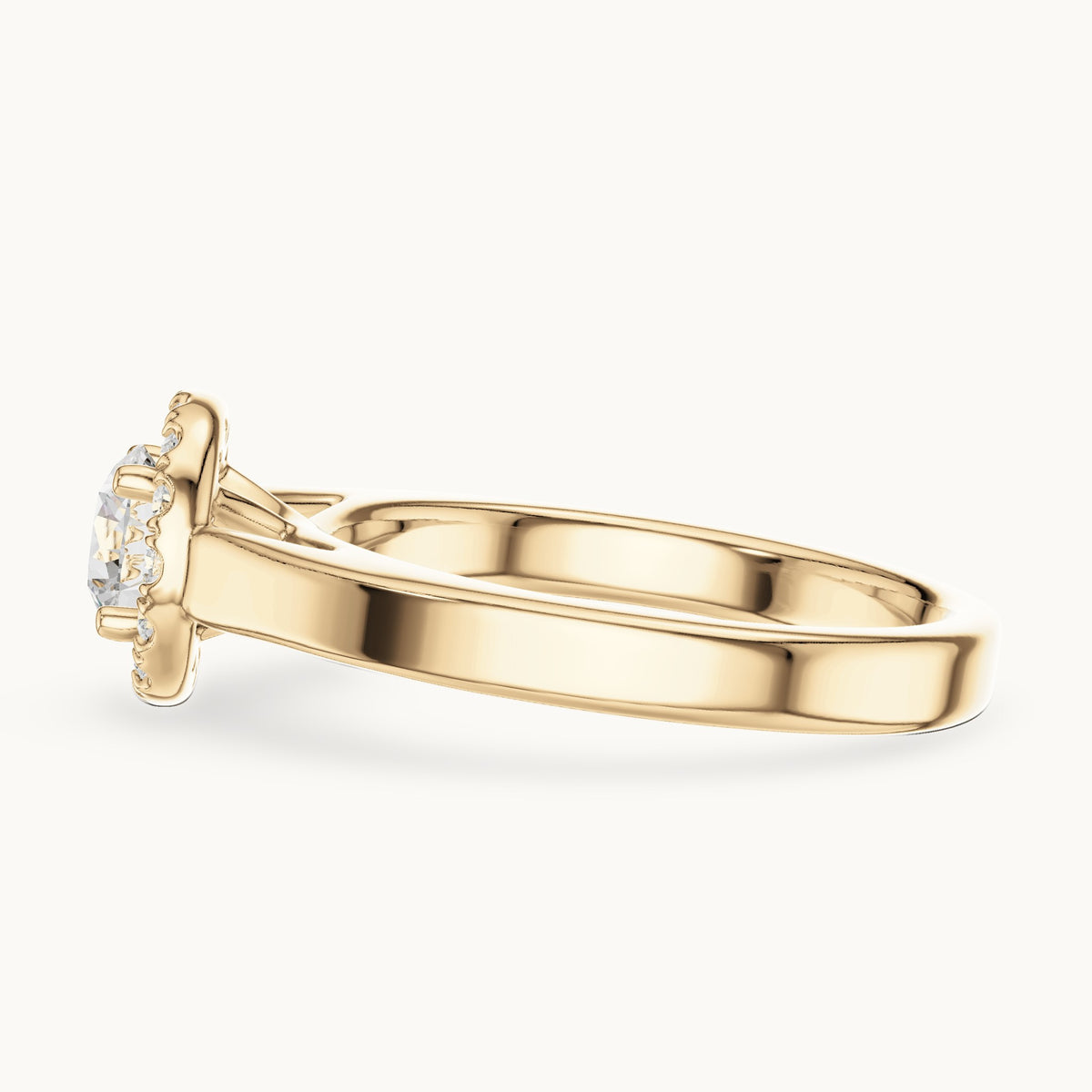Round lab-grown diamond halo engagement ring in yellow gold, 0.818 CT TW, view 3