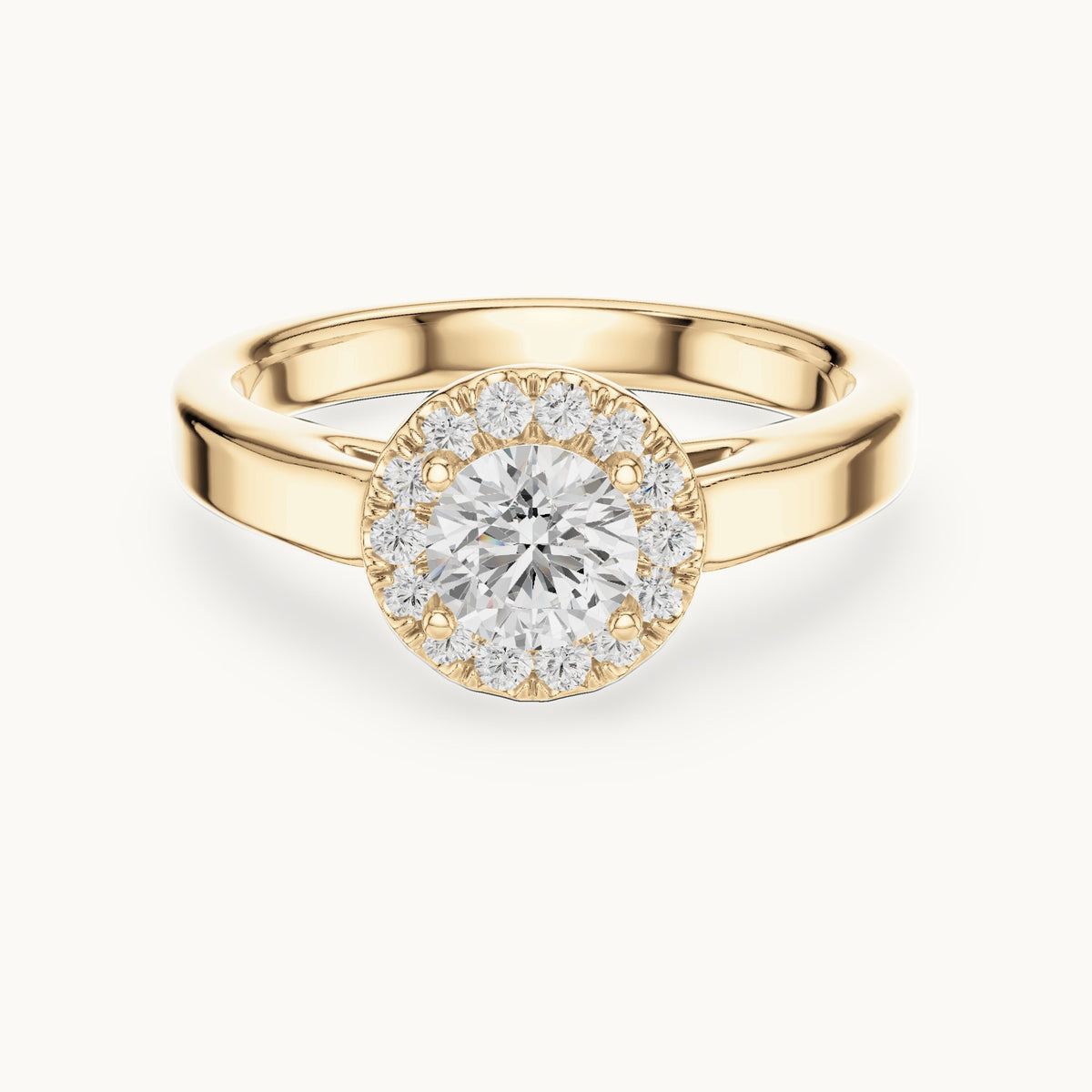 Round lab-grown diamond halo engagement ring in yellow gold, 0.818 CT TW, view 4
