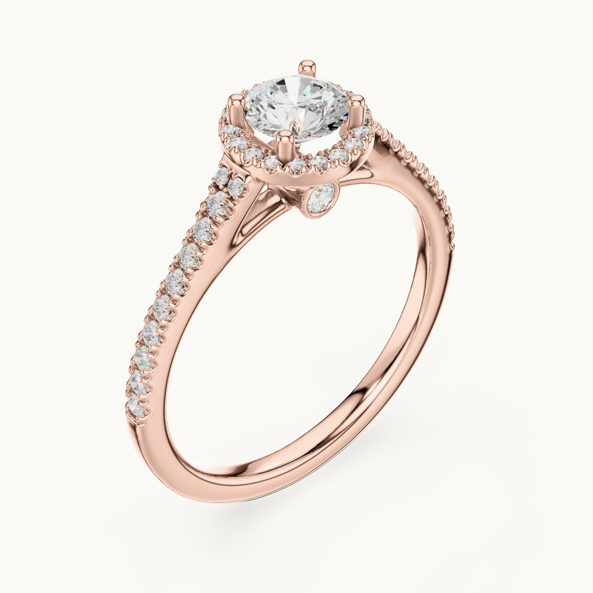 Round lab-grown diamond petite halo engagement ring in rose gold, 0.83 CT TW, view 2