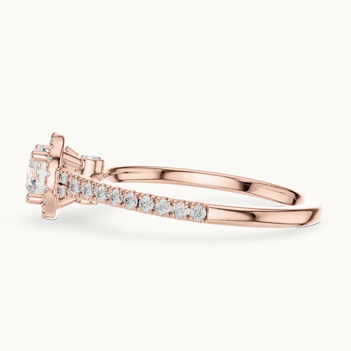 Round lab-grown diamond petite halo engagement ring in rose gold, 0.83 CT TW, view 3