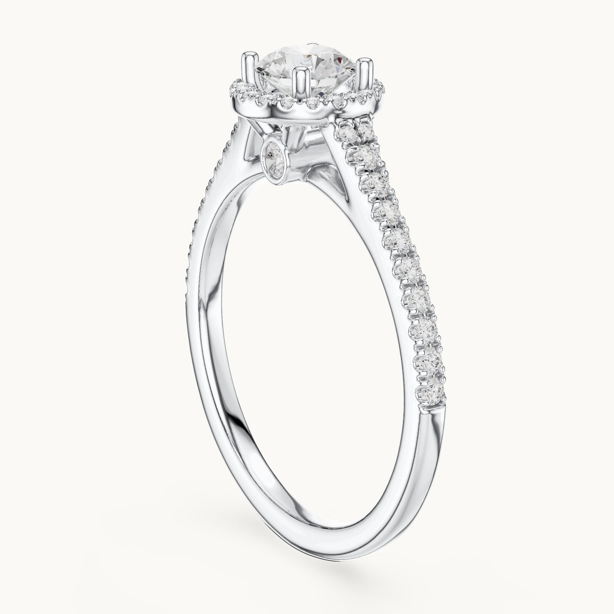 Round lab-grown diamond petite halo engagement ring in white gold, 0.83 CT TW, view 1