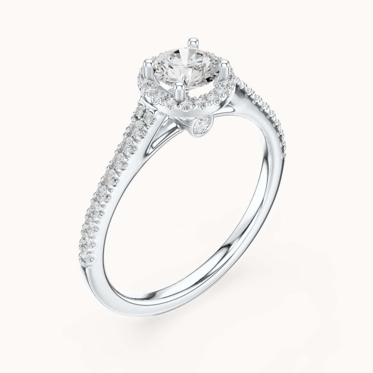 Round lab-grown diamond petite halo engagement ring in white gold, 0.83 CT TW, view 2