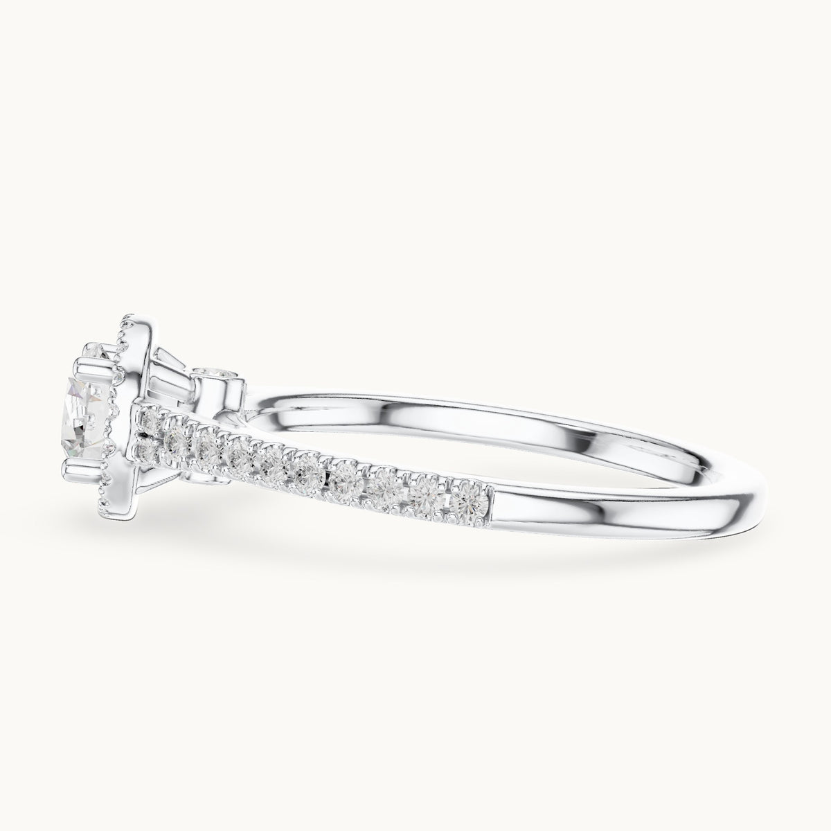 Round lab-grown diamond petite halo engagement ring in white gold, 0.83 CT TW, view 3