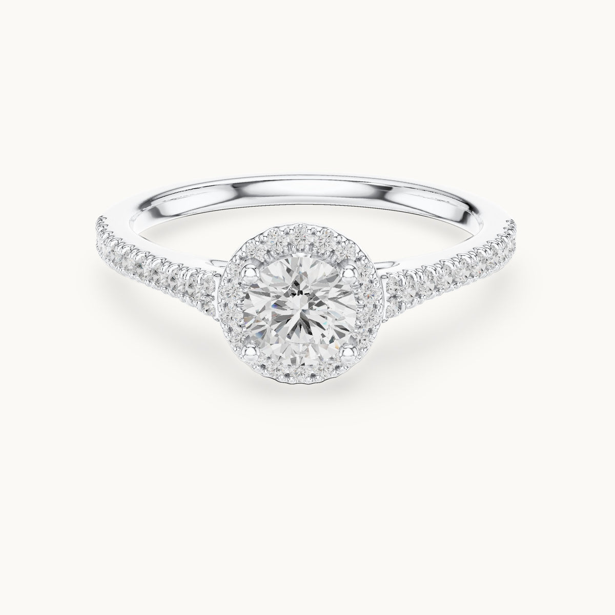 Round lab-grown diamond petite halo engagement ring in white gold, 0.83 CT TW, view 4
