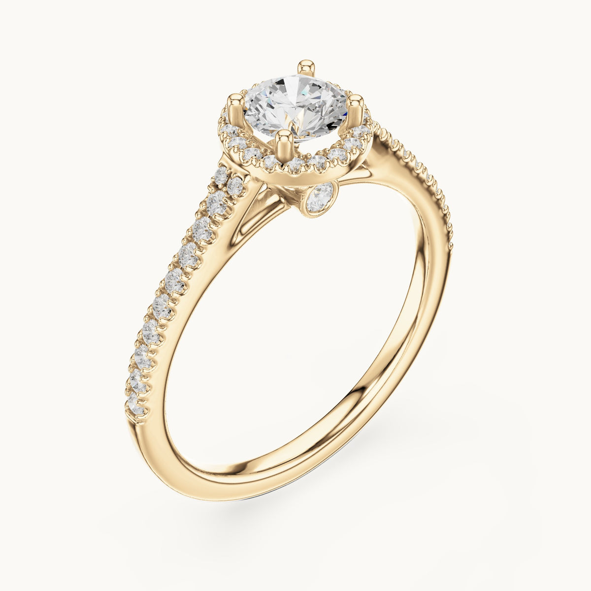 Round lab-grown diamond petite halo engagement ring in yellow gold, 0.83 CT TW, view 2