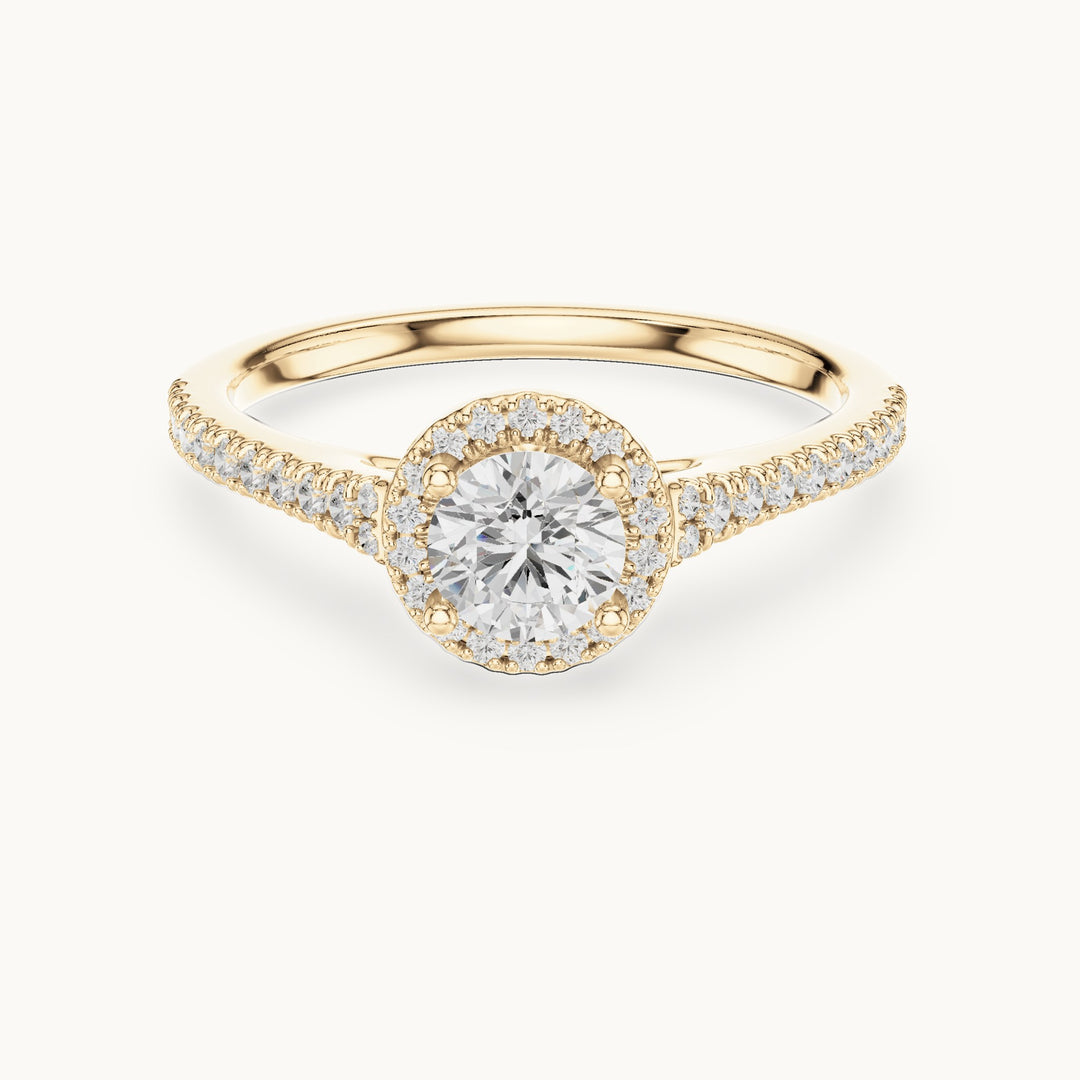 Round lab-grown diamond petite halo engagement ring in yellow gold, 0.83 CT TW, view 4