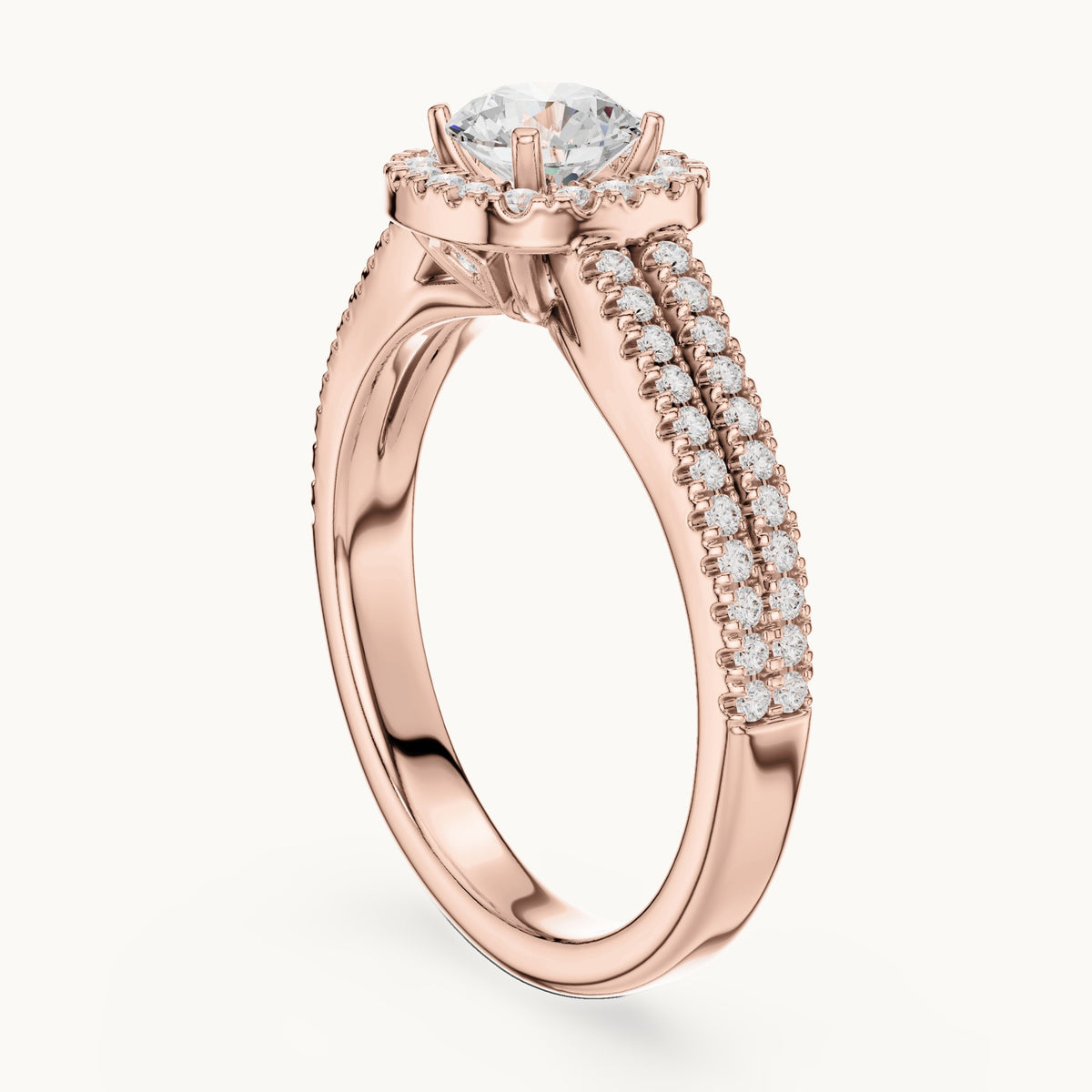 Round lab-grown diamond split shank pavé halo engagement ring in rose gold, 1.14 CT TW, view 1