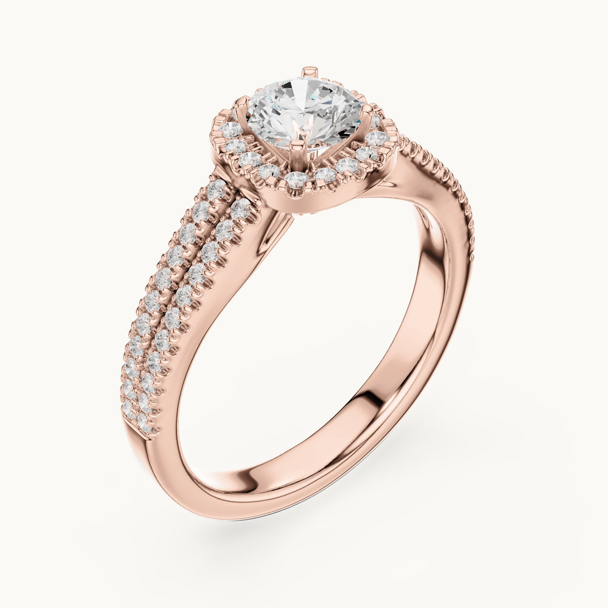 Round lab-grown diamond split shank pavé halo engagement ring in rose gold, 1.14 CT TW, view 2