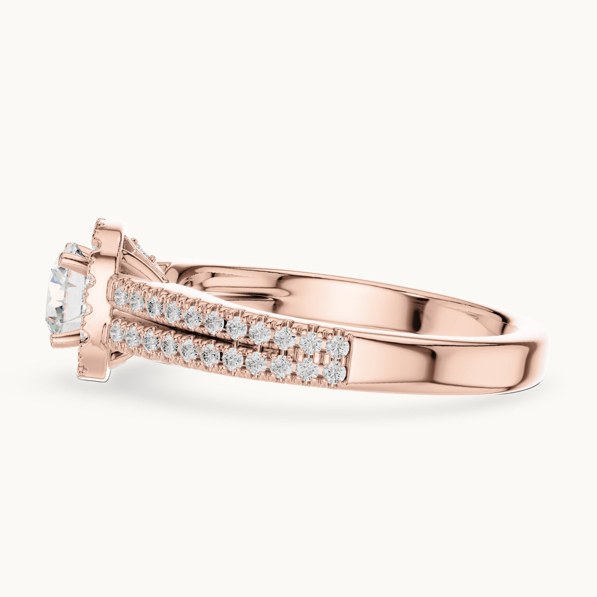Round lab-grown diamond split shank pavé halo engagement ring in rose gold, 1.14 CT TW, view 3