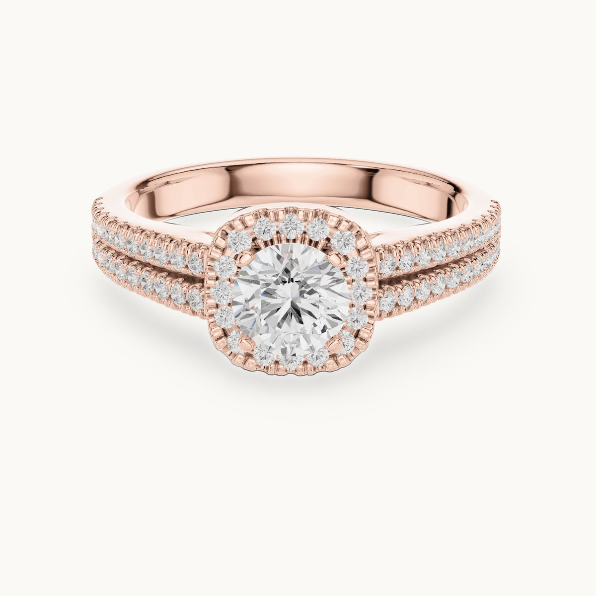 Round lab-grown diamond split shank pavé halo engagement ring in rose gold, 1.14 CT TW, view 4