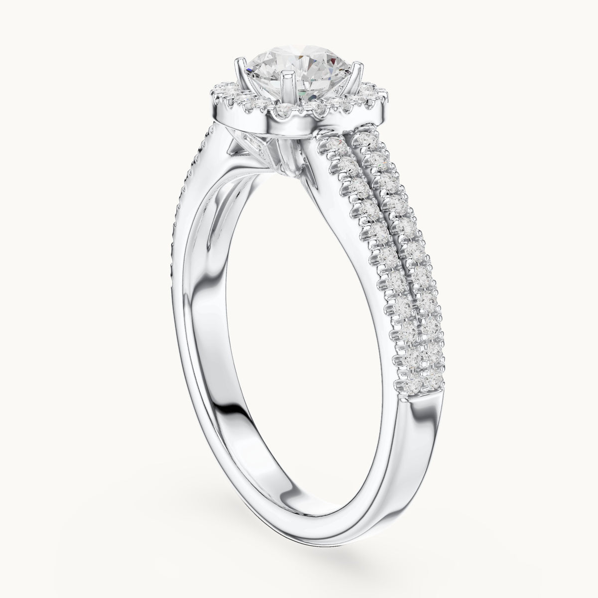 Round lab-grown diamond split shank pavé halo engagement ring in white gold, 1.14 CT TW, view 1