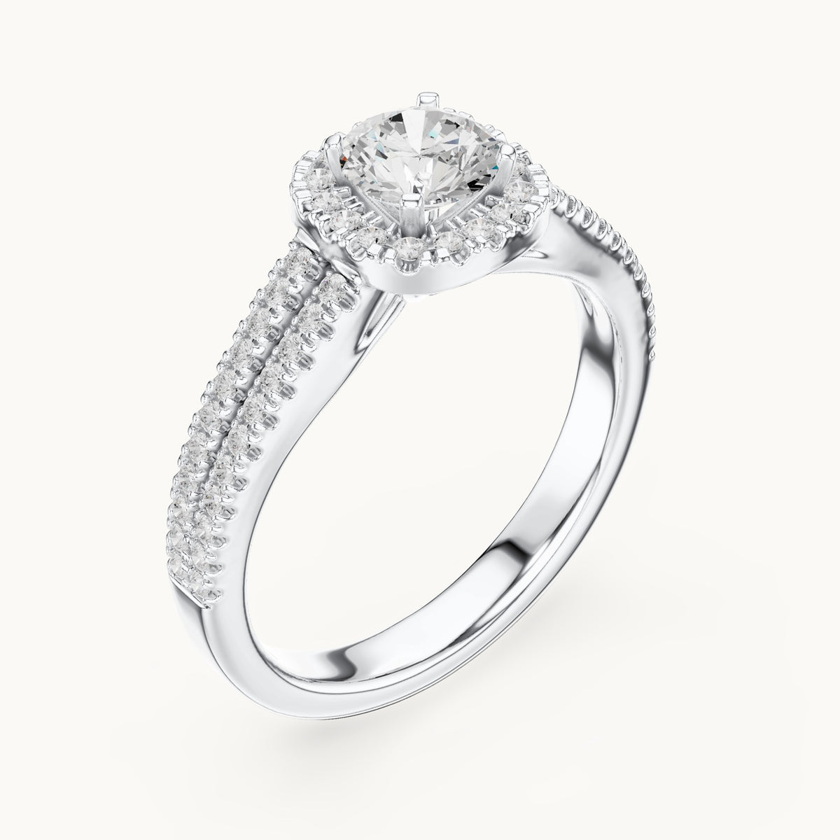 Round lab-grown diamond split shank pavé halo engagement ring in white gold, 1.14 CT TW, view 2