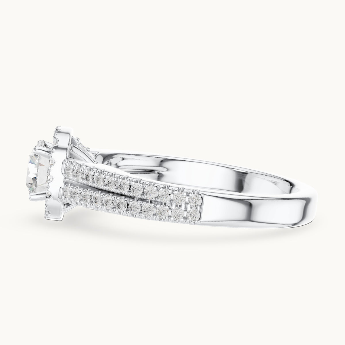 Round lab-grown diamond split shank pavé halo engagement ring in white gold, 1.14 CT TW, view 3
