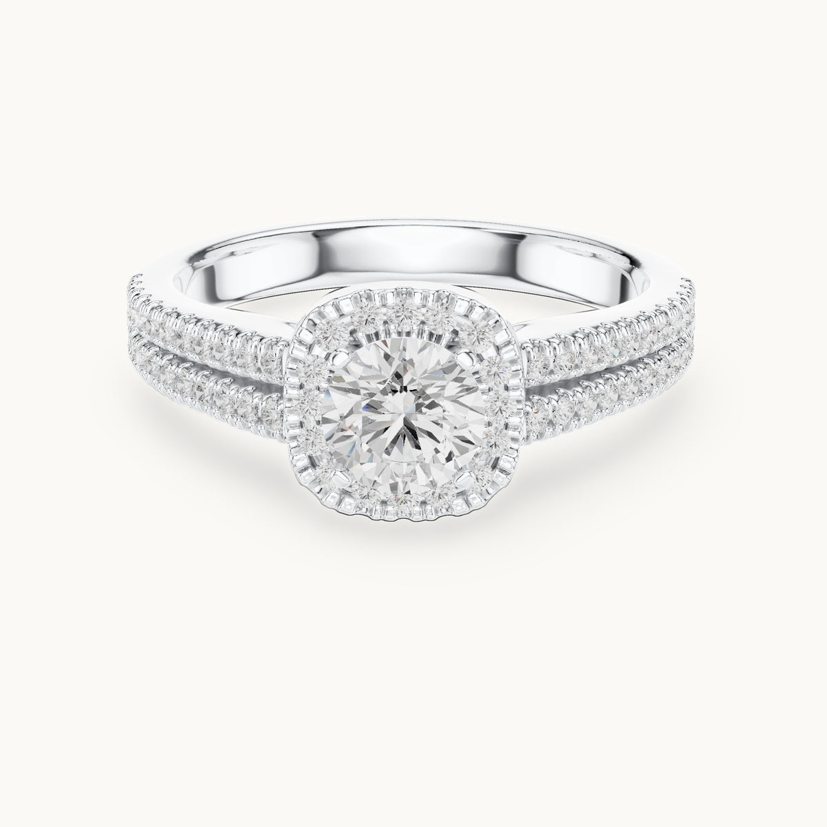 Round lab-grown diamond split shank pavé halo engagement ring in white gold, 1.14 CT TW, view 4